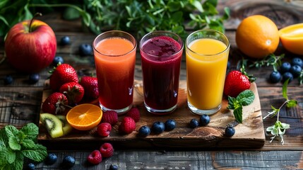 Poster - a wooden table topped with glasses of juice and fruit next to oranges and strawberries and a kiwi..