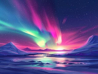 Wall Mural - Beautiful northern lights display flat design side view polar theme cartoon drawing Analogous Color Scheme