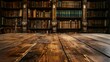 © keystoker - A vintage wooden table standing in front of a row of bookshelves, with a blurred background, copy space