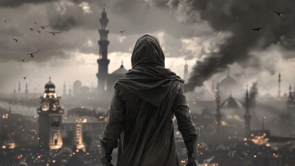 Poster - modern muslim man fighter from back with city destroy wallpaper