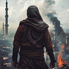 Poster - modern muslim man fighter from back with city destroy wallpaper