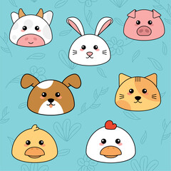 Canvas Print - Cute kawaii emoji animal icons set Vector illustration