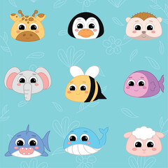 Canvas Print - Cute kawaii emoji animal icons set Vector illustration