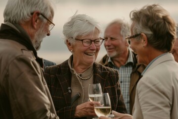 Group of senior friends toasting with white wine at a rooftop party