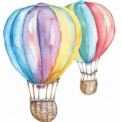 Two watercolor hot air balloons in flight. The first balloon is purple, yellow, and blue. The second balloon is pink, blue, and green. The baskets are brown.