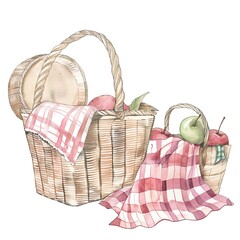 Wall Mural - Two picnic baskets filled with apples and a red checkered cloth.