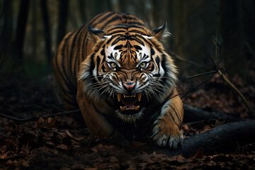 Poster - A fierce and terrifying tiger in the forest. Wildlife Animals. Illustration, Generative AI.