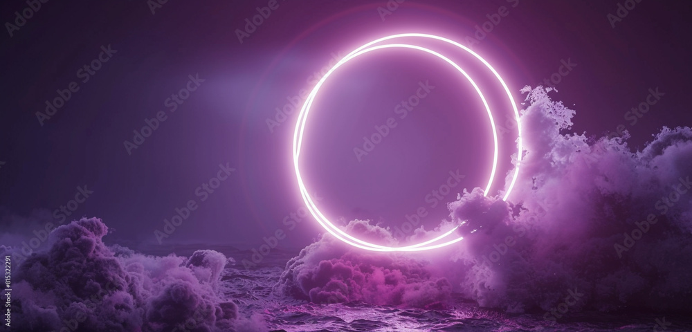 Neon light ring in soft plum enhances a swirling cloud in a dark sky ...
