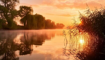 Wall Mural - sunrise over the river. A quiet riverbank scene at dawn, with the river reflecting the stunning oranges and pinks