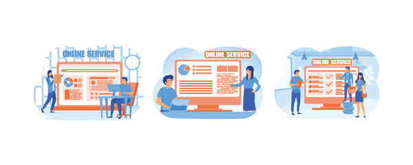 Wall Mural - Business conveyor online service or platform. Task distribution online service or platform. Personnel screening online service or platform. Set flat vector modern illustration