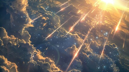 Wall Mural - During the daytime witness a spectacular display of star like meteors cascading against a backdrop of fluffy clouds creating a stunning meteor shower as these celestial bodies gracefully de