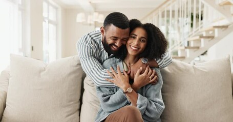 Poster - Love, relax and couple with hug on sofa for commitment, romantic bonding and support in marriage. Smile, man and woman with embrace in living room for happiness, security and trust in loyalty at home