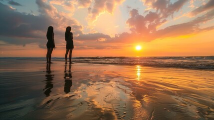 Wall Mural - Silhouette of the woman standing at the beach during beautiful sunset.