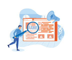 Fake news or false information spreading on website and social media, screening or verify truth before sharing or believe concept. flat vector modern illustration