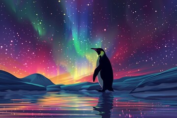 Wall Mural - Penguin under the beautiful Northern Lights flat design top view Arctic spectacle theme water color Complementary Color Scheme