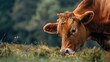 © AkuAku - A brown cow grazing in a close up shot