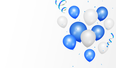 Wall Mural - Celebrate with blue and white balloons with confetti for festive decorations vector illustration. Grand Opening Card luxury greeting rich. Sale Vector illustration