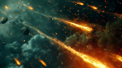 Wall Mural - dynamic close-up of meteorites descending with motion blur for clarity.