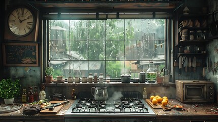 A detailed scene of a rustic farmhouse kitchen during a rainy day, with raindrops visible on the window and a steaming kettle on the stove.