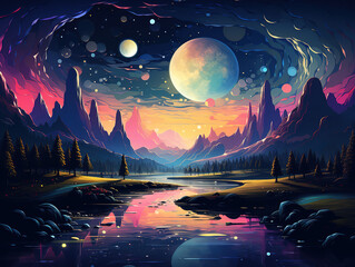 Wall Mural - illustration of shining sphere planet unidentified eclipse down on water