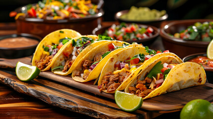 Mexican Tacos on Wooden Board with Condiments