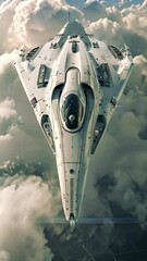 Wall Mural - a futuristic space fighter jet is flying through a cloudy sky. concept of adventure and excitement, 