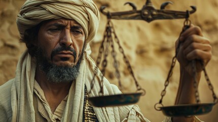 Canvas Print - muslim man in biblical times holding balance scales