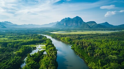 Beautiful natural scenery of river in southeast Asia tropical green forest  with mountains in background aerial view drone shot : Generative AI