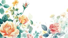 Arrange A Lovely Botanical Illustration Featuring Watercolor Elements Of Roses Assorted Pink And Yellow Garden Flowers Lush Leaves And Delicate Branches All Set Against A Clean White Backgr