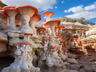 A mushroom growing out of a dirt area