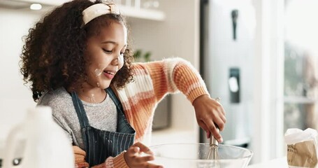 Sticker - Girl, bake and taste with bowl in kitchen, mixing and cooking ingredients with kid for childhood development. Mixture, whisk for cake preparation and dessert recipe or happy, learning and growth