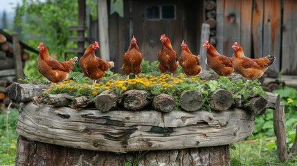 Hen laying eggs, chicks, green food concept，