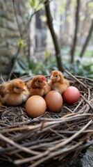 Hen laying eggs, chicks, green food concept，