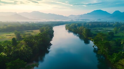 Poster - Beautiful natural scenery of river in southeast Asia tropical green forest  with mountains in background aerial view drone shot : Generative AI