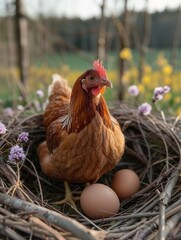 Hen laying eggs, chicks, green food concept，