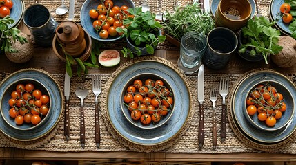 A top-down view of a boho kitchen table set for a meal, showcasing a mix of patterned plates and rustic cutlery on a hand-woven tablecloth.