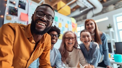Fototapete - Happy business people smile during a planning meeting in a startup marketing agency office Diversity collaboration and teamwork in a healthy work environment in an international advert : Generative AI