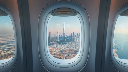 Wall Mural - Airplane interior with window view of Dubai city, UAE. Concept of travel and air transportation --ar 16:9 Job ID: 8b69012f-3c20-4732-aabb-4513daf20882