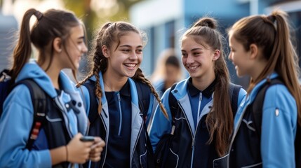 Wall Mural - A group of happy students wearing blue and black school uniforms, with long hair tied back in ponytails, are smiling as they talk to each other on the street.