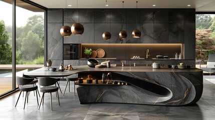 An artistic take on a monochrome kitchen with a focus on a sculptural grey light fixture over a modular island, blending form and function.