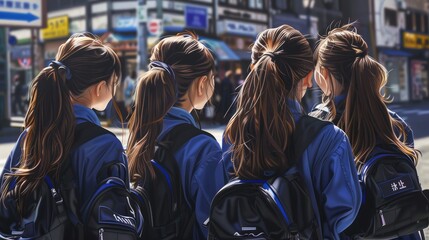 A group of happy students wearing blue and black school uniforms, with long hair tied back in ponytails, are smiling as they talk to each other on the street.