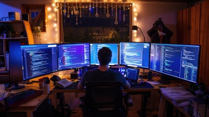 back view of professional software developer coding program or engineering prompt. skilled programme