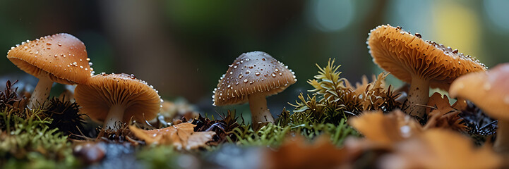 Wall Mural - beautiful closeup of forest mushrooms in grass, autumn season. Wild mushrooms growing on the in the forest floor with autumn sunlight. clearing,beautiful sunlight and seasonal nature background