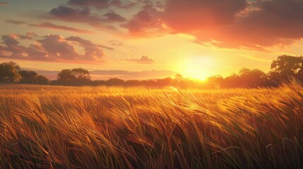 Wall Mural - As the sun sets over the wheat fields in the rural countryside envision a tranquil and unplugged scene basking in the warm summer sunlight