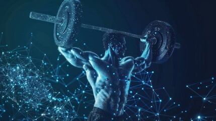 Wall Mural - weightlifter with cybernetic particles. Polygonal digital background AI generated