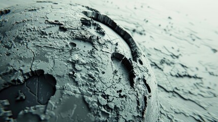 Wall Mural - a dynamic 3d rendering of a stylized monochromatic earth with circular black craters and a weathered