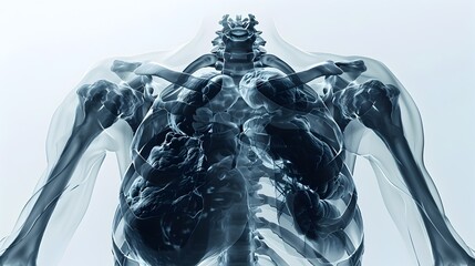 Sticker - Detailed X-Ray Scan of Human Chest Showcasing Skeletal Structure and Internal Organs in a Clinical and Technical Rendering Style