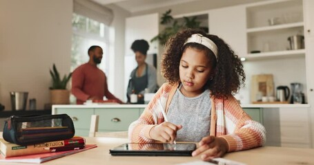 Canvas Print - Girl, sketch and tablet with family in kitchen for home school, visualization and motor skills or growth development. Child, technology and digital drawing for creativity or fun hobby and learning.