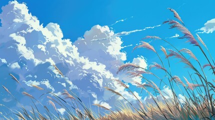 Poster - In the morning as winter approaches the bright blue sky is adorned with large white clouds swaying grass in the wind