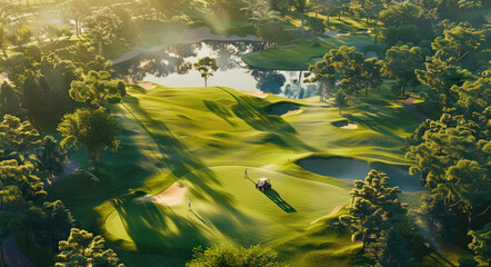 Wall Mural - A wideangle view of the golf course at Kip vign damun in antalya, with lush green grass and sand bcrete